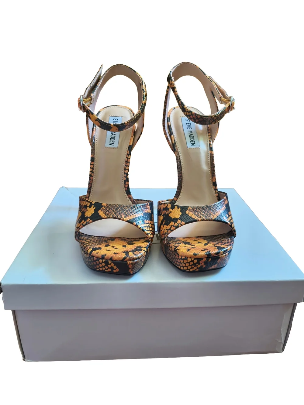Steve Madden Yellow Snake-Print Platform Ankle-Strap Heels